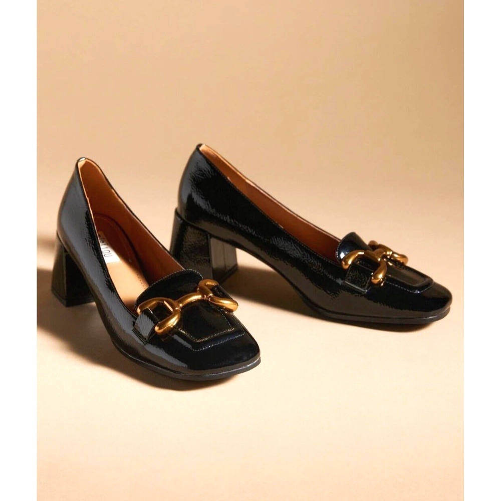 Anthropologie Bibi Lou Valencia Heeled Loafers Pumps Black Patent Leather 39 9 - Picture 2 of 10